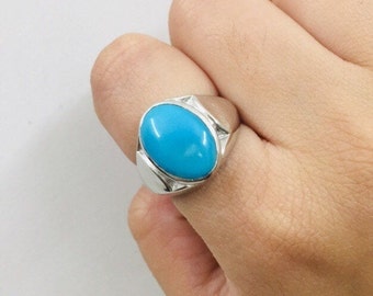 925 Sterling Silver Ring- Natural Turquoise Ring- Men's Ring- Solid Silver Ring- Blue Gemstone Ring- Cabochon Ring- Men's Wedding Ring- Gift