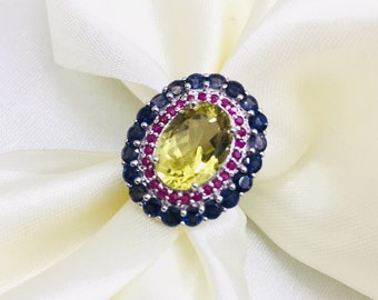 925 Silver Ring- Lemon Topaz Ring- Iolite Ring- Ruby Ring- Cluster Ring- Multi Color Ring- Wedding Ring- Big Oval Ring- Statement Ring- Gift