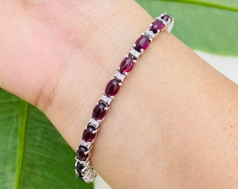 925 Sterling Silver Bracelet- Natural Garnet Bracelet- 5X7 MM Oval- Birthstone Bracelet- Silver Bracelet- Cubic Zircon- Tennis Bracelet