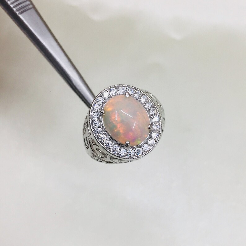 Handmade Ring Brilliant Cabochon 925 Silver Ring 9x11 Oval Natural Opal Ring Prone Setting Ring Cluster Ring Present /& Gift