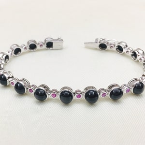 925 Sterling Silver Bracelet- Natural Black Star Bracelet- Ruby Bracelet- 6 MM Round- March Birthstone- Christmas Gift- Cabochon Bracelet