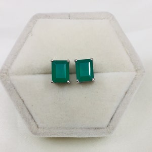925 Silver Studs- Green Onyx Earrings- Solid Silver Earrings- Bezel Studs- Emerald Cut Studs- 7x9 MM- Stud Earrings- February Birthstone