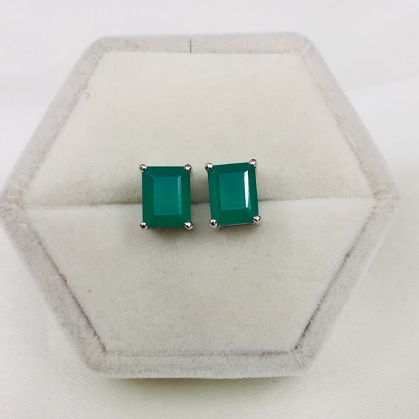 925 Zilveren Studs- Groene Onyx Oorbellen- Massief Zilveren Oorbellen- Bezel Studs- Emerald Cut Studs- 7x9 MM- Stud Oorbellen- Februari Birthstone