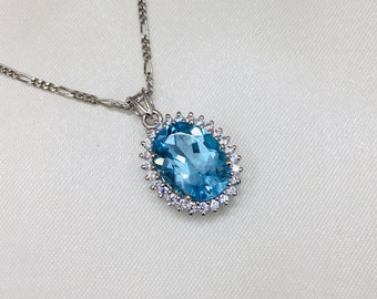 925 Sterling Silver Pendant- Natural Blue Topaz- Blue Topaz Necklace- Solid Silver Pendant- 12x16 Oval- Handmade Pendant- Cubic zircon- Gift