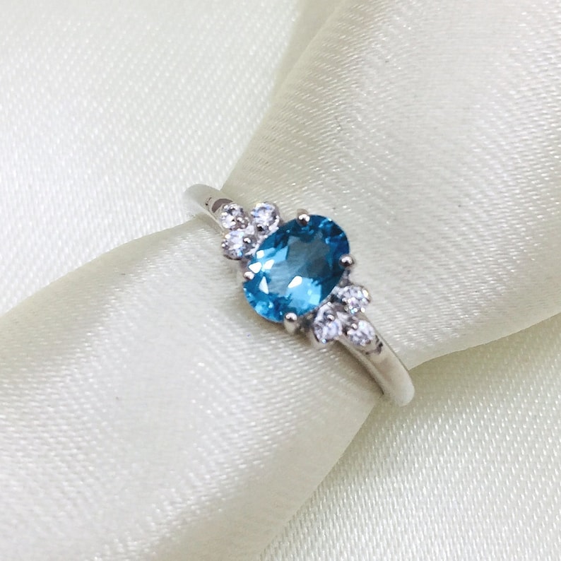Gift November Ring Proposal Ring Engagement Ring Tiny Topaz Oval Ring 925 Silver Ring Natural Blue Topaz Ring Cubic Zircon Ring