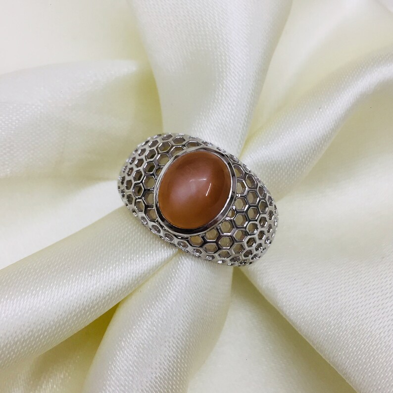 Natural Pink Moonstone Ring Brilliant Star Ring Solid Silver Ring 925 Silver Ring Handmade Ring Birthstone Ring Present Cabochon Ring