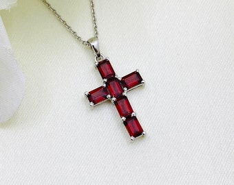 925 Sterling Silver Pendant- Garnet Pendant- Holy Cross Pendant- Gemstone Pendant- Cross Necklace- Solid Silver Pendant- Present