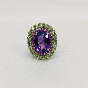 925 Silver Ring- Amethyst Ring- Peridot Ring- Ruby Ring- Cluster Ring- Multi Color Ring- Wedding Ring- Big Oval Ring- Statement Ring- Gift