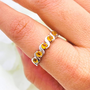 925 Sterling Silver Ring- Natural Citrine Ring- Tiny Band Ring- Half Eternity Ring- Stacking Ring- Birthstone Band Ring- Wedding band