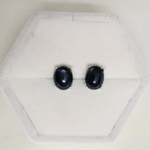 925 Silver Earrings- Solid Silver Studs- Natural Black Star Earrings- 8x10 MM- Diopside Earrings- Cabochon Earrings- Four Pointed Blackstar