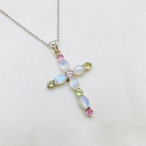 925 Sterling Silver Pendant- Multi Tourmaline Pendant- Rainbow Moonstone Pendant- Holy Cross Pendant- Gemstone Pendant- Cross Necklace- Gift
