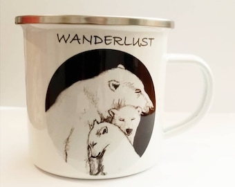 Wanderlust Polar Bear Mug - A 12oz Bear enamel mug. For use as camping mug / travel enamel mug. A nature lover gift. A wanderlust mug gift