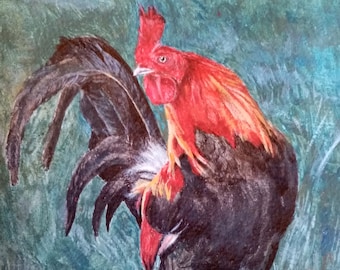 Rooster Painting Print - Rooster art print for kitchen decor, Farm animal art, Bird lover gift.