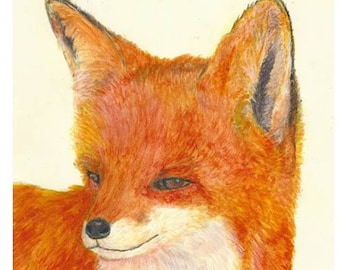 A Red Fox Print - A painted fox animal portrait. A red fox watercolor. Part of woodland animal set, medium sized wildlife artwork.