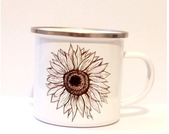 Sunflower Mug - 12oz enamel flower mug. Black and white mug, with silver rim. A sunflower enamel mug nature gift. Camping mug.