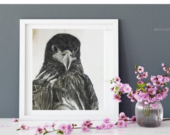 Black Hawk Print - A hand painted Hawk art print. A black and white Bird art print. A Hawk art decor print. Bird of prey artwork. Hawk gift
