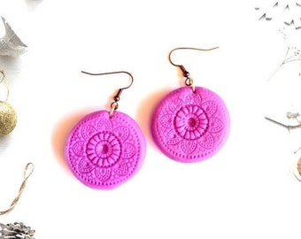 Decorative Earrings - Pink Ceramic Earrings. A Round pair of handmade Earrings. A Bohemian Jewelry gift for her. Purple pink Jewelry