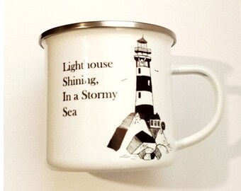 A Lighthouse Mug - Nautical enamel mug 12 ounces. For use as Sailing mug, wanderlust mug, enamel camping mug. A Travel mug gift