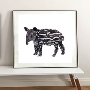 A Baby Tapir Art Print. A Malaysian Tapir Print. For Brown And White Unique Animal Decor, For A4 Baby Animal Playroom Art / Rare Animal gIft image 3