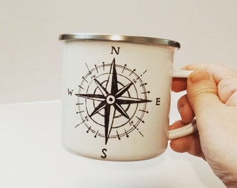 Compass Enamel mug - A 12oz Nautical mug. An everyday use as a camping mug, travel enamel mug, wanderlust mug. fishing mug. compass mug gift