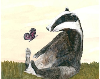 Badger Art Print - Forest Animal Art, Children’s Badger Print. Cadeau de blaireau de bois. Badger and Butterfly artwork. Cadeau de blaireau, cadeau de pépinière