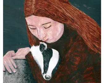 Badger Loves Girl Print. Woodland Animal Art print, A enchanted forest Art print. For fantasy nature inspired Art. Badger gift, Badger Art.