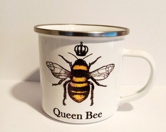 Queen Bee Enamel Mug - A honey bee enamel mug. 12oz bee mug for use as camping mug / picnic ware / Queen Bee mug gift. Honey bee gift.