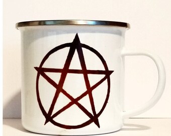 Pentagram Star Mug - 12oz white enamel mug. A black magic star mug. A wiccan folklore mug. A camping mug, outdoor ware. Black magic mug gift