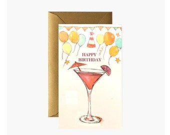 Cocktail Birthday Card - Happy Birthday party card. 6 x 4 inches in size a party greeting card. Pink cocktail gift card.