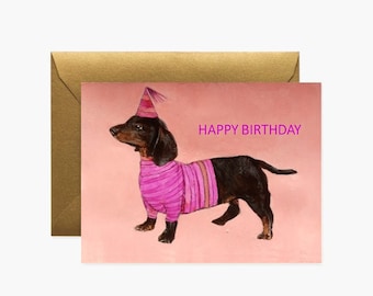 Pink Birthday Card - A Dachshund card. 7 x 5 inch greeting card. Happy Birthday dog card. Birthday Card gift