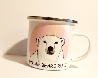 Polar Bear Mug - A Bear enamel mug. A 12oz white enamel mug for bear lovers gift. Outdoor Bear mug. Animal art mug. Polar bear camping mug