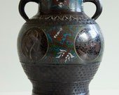 Antique Japanese Champleve Bronze Enamel Cloisonne Vase Urn Early 20th Century Meiji Period