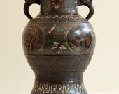 Antique Japanese Champleve Bronze Enamel Cloisonne Vase Urn Early 20th Century Meiji Period