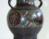 Antique Japanese Champleve Bronze Enamel Cloisonne Vase Urn Early 20th Century Meiji Period