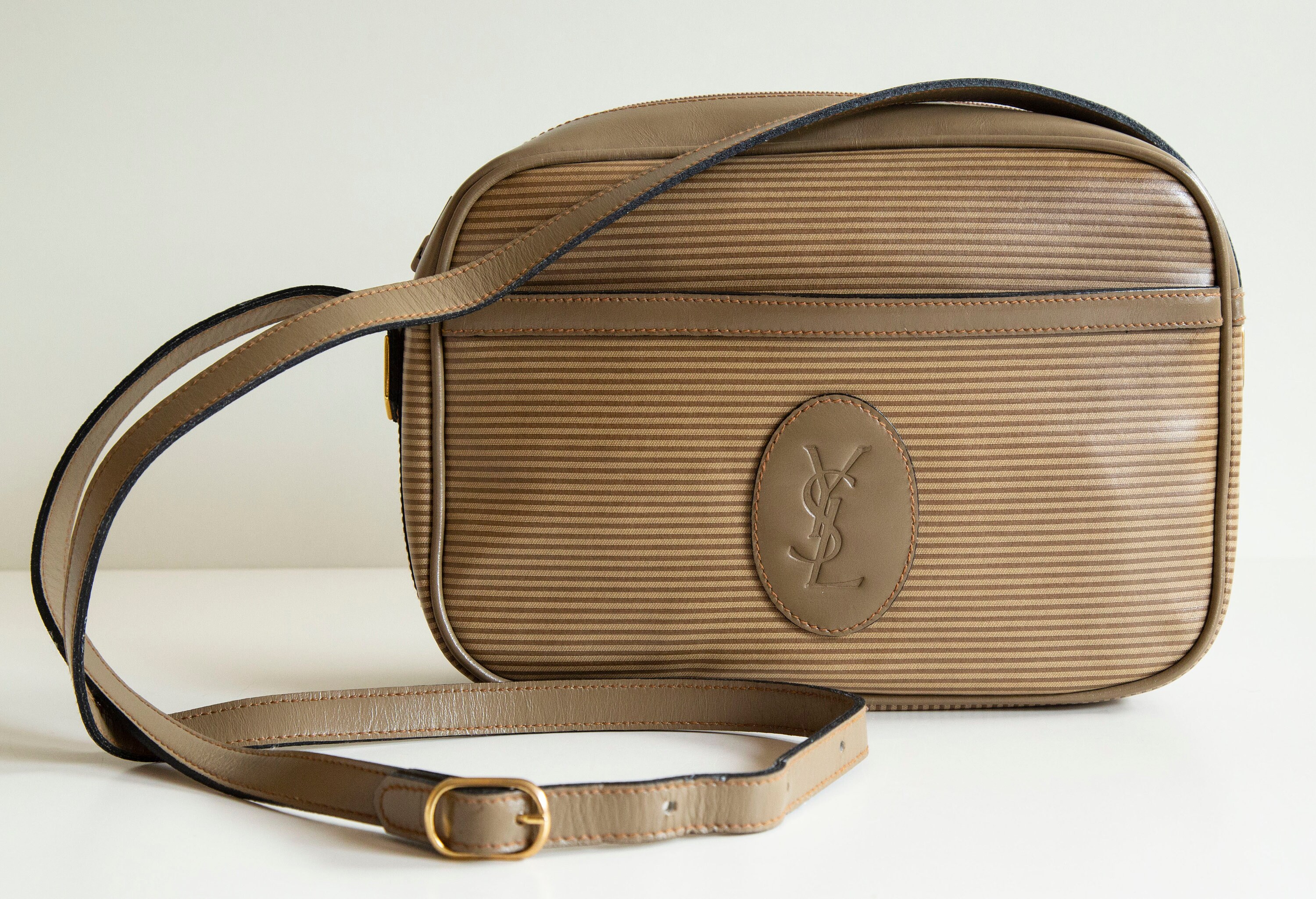 Yves Saint Laurent YSL Crossbody Camera Bag in Coated Striped Canvas With Khaki Leather Trim Gold Tone Hardware Excellent Condition 1980s Etsy Ireland
