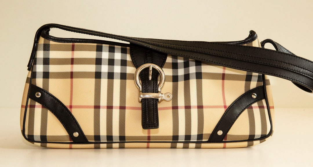 Burberry Shoulder Bag in Classic Check Coated Canvas and Black Leather Trim in Very Good Vintage