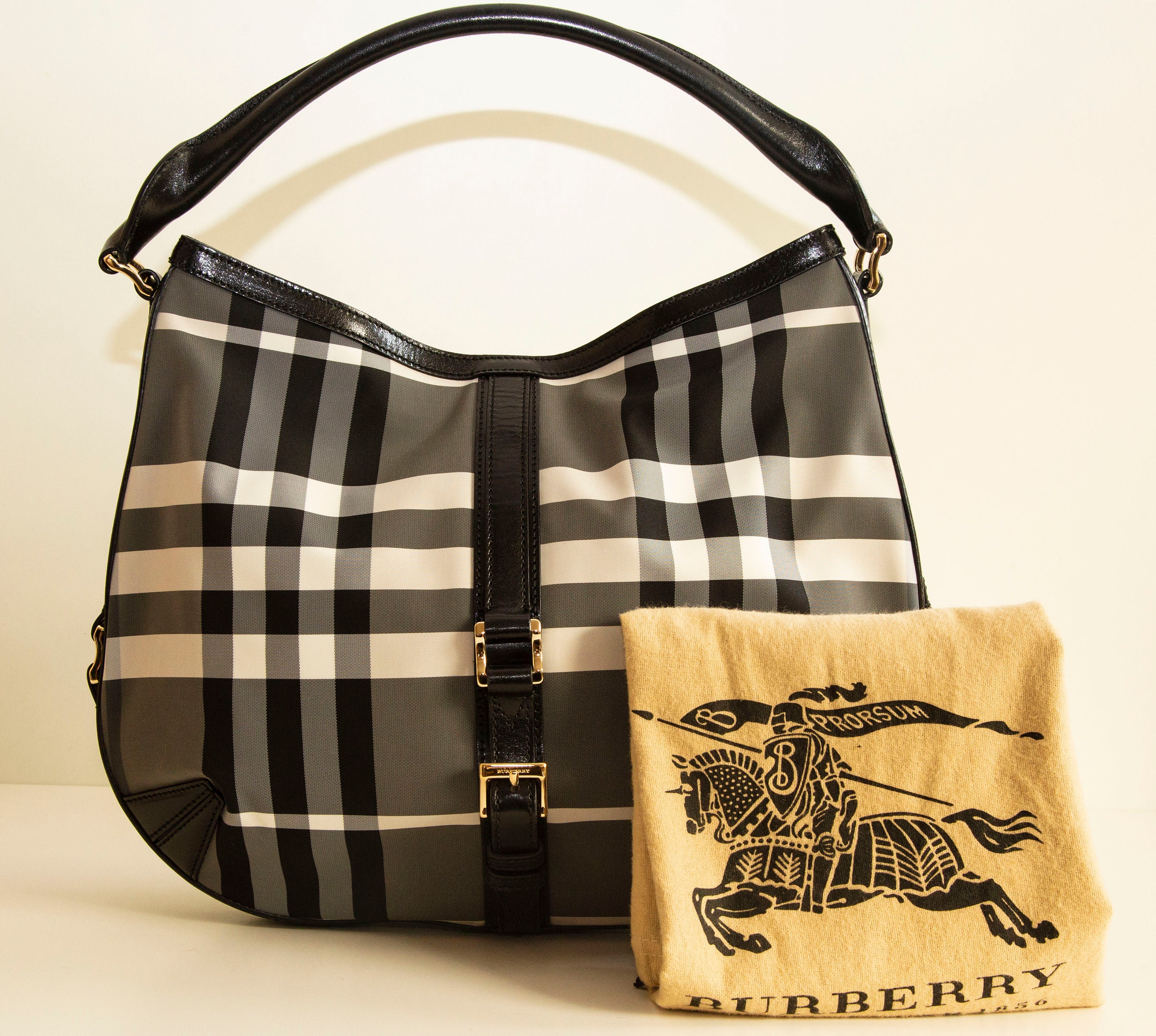 Burberry Shoulder Bag in Classic Check Coated Canvas and Black Leather Trim in Very Good Vintage Condition