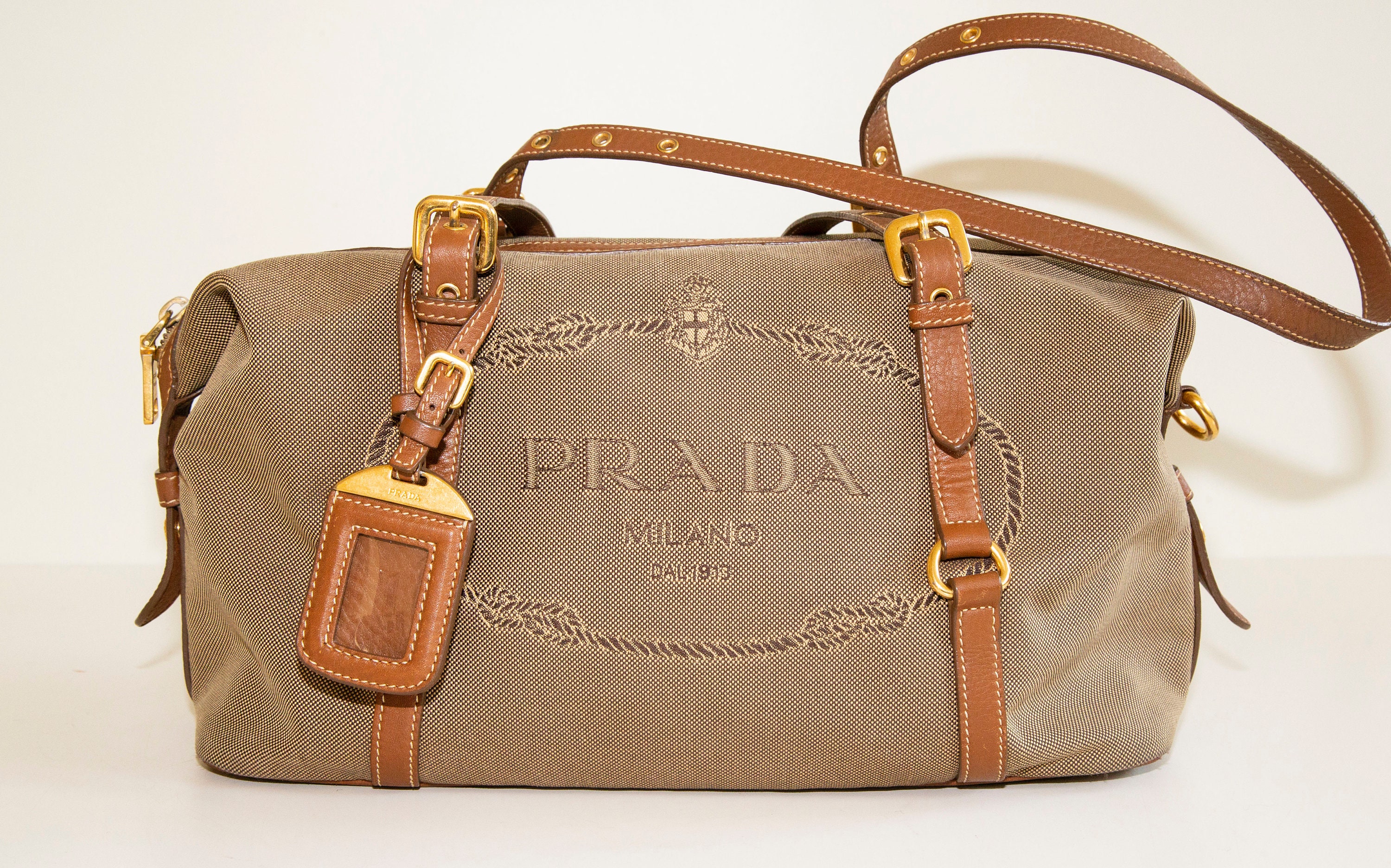 PRADA Logo Jacquard Leather Shoulder Bag