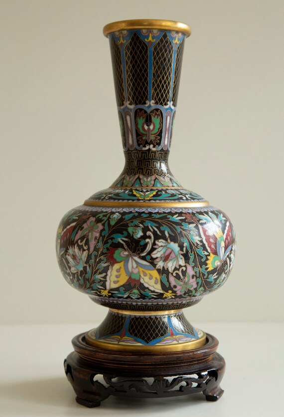 Colorful Chinese Cloisonne Vase On A Wooden Stand 24 Cm Etsy
