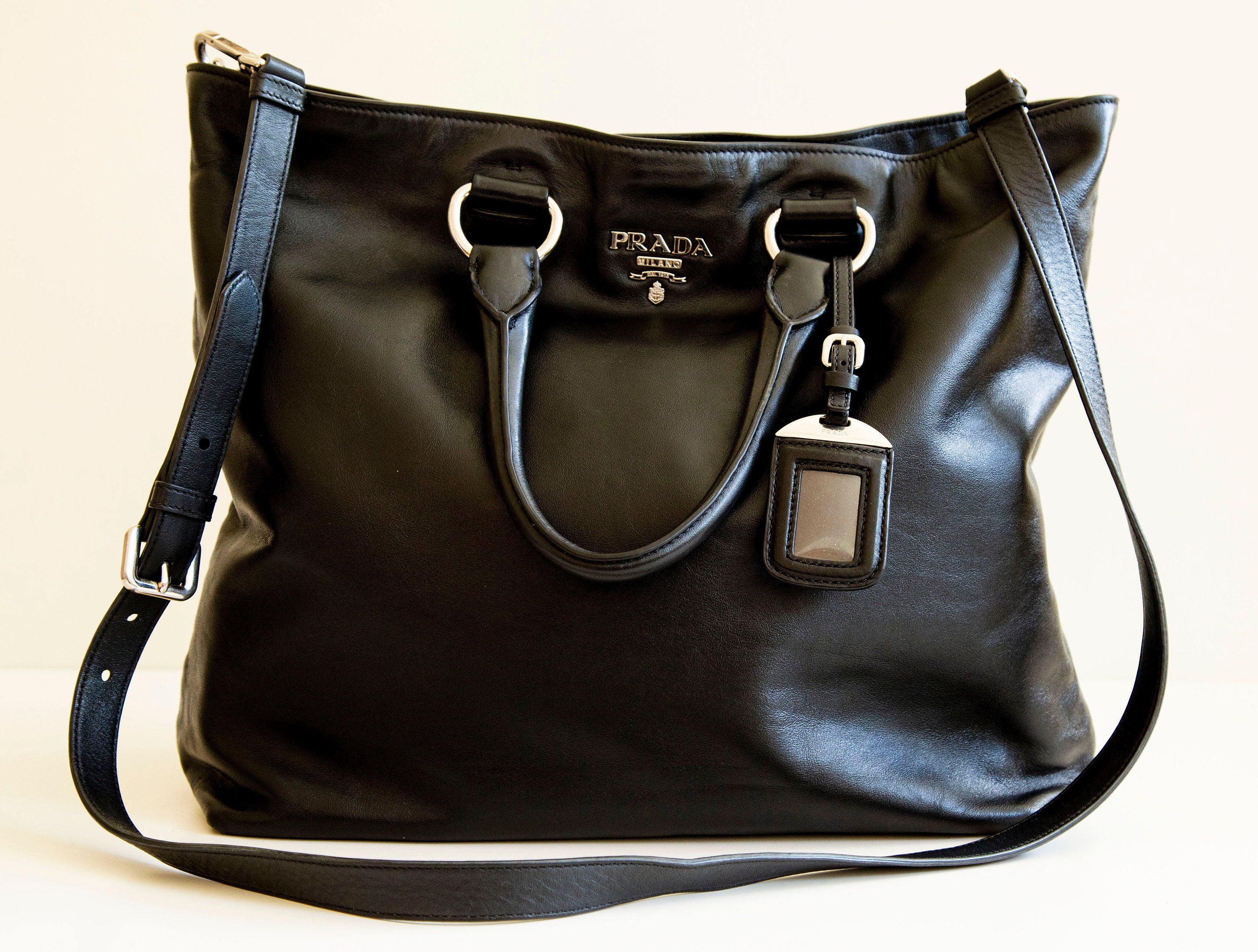 Prada, Bags, Authentic Prada Vitello Phenix Leather Convertible Bag Black