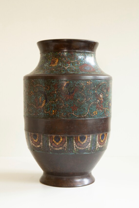 Large Antique Japanese Champleve Bronze Enamel Cloisonne Vase Etsy