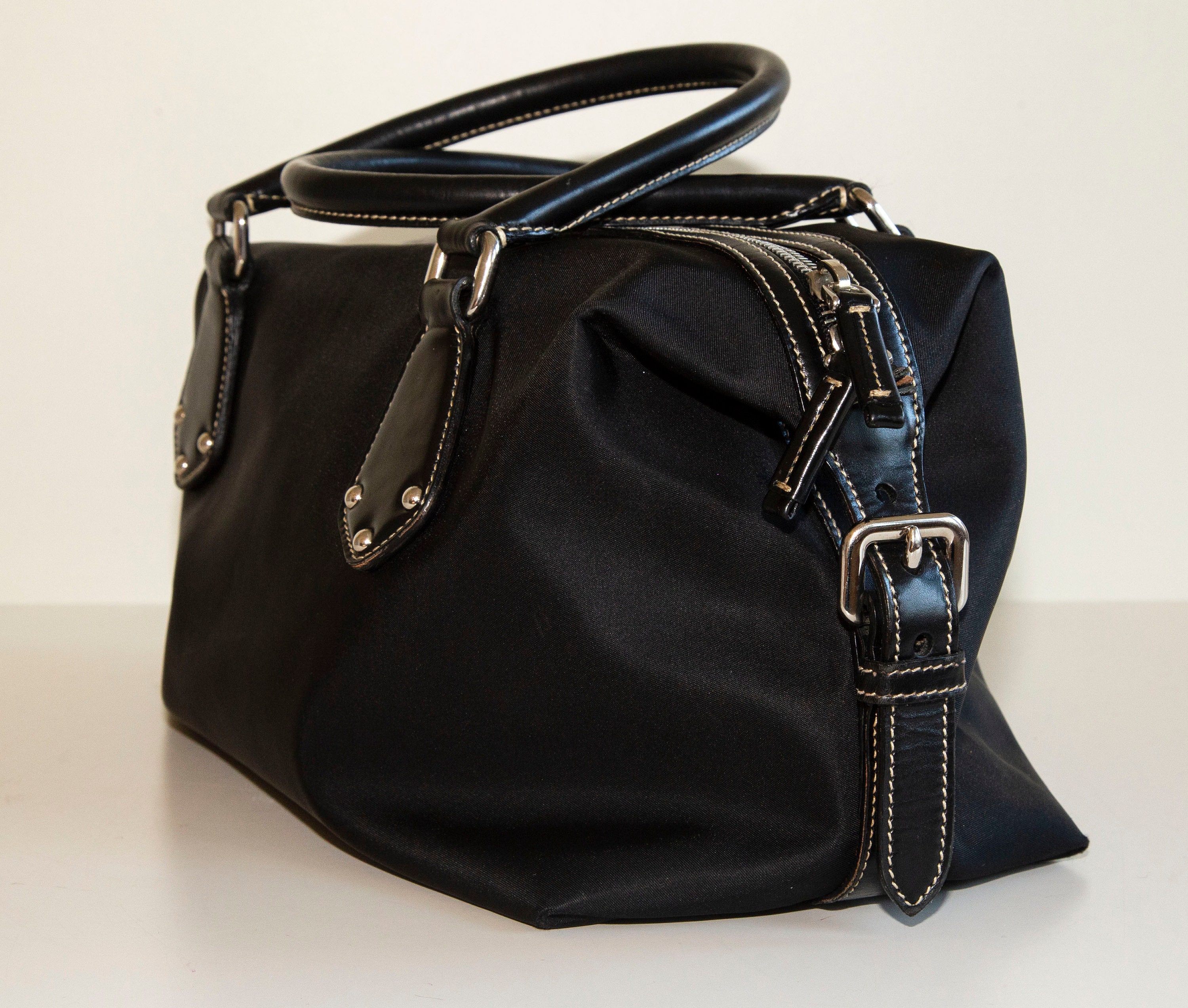 Prada Bowling Cross Body Bag Black in Nylon/Leather with Silver