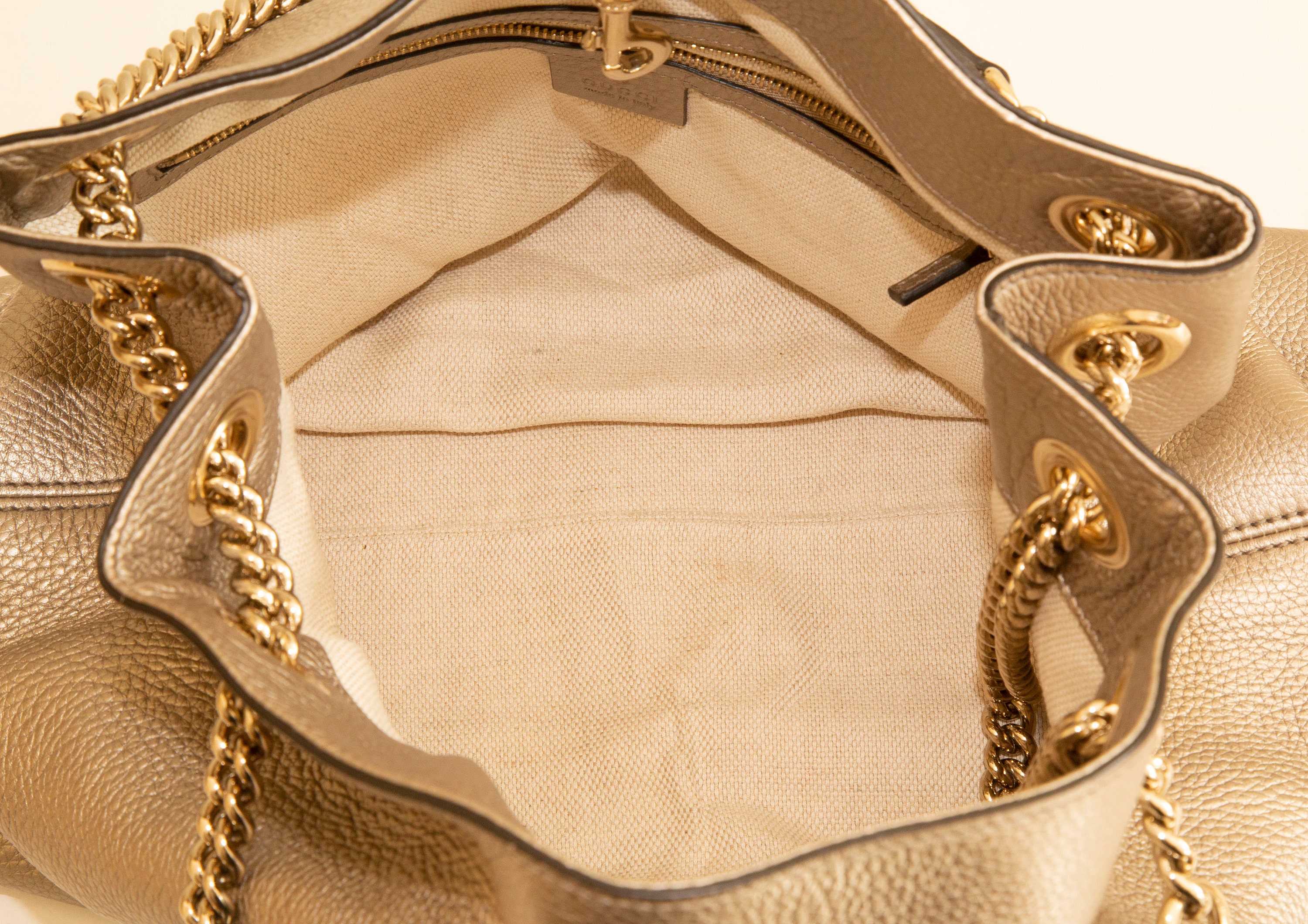 Gucci Soho Tote / Chain Shoulder Bag Metallic Champagne 