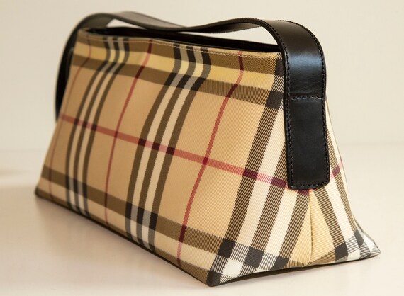 Burberry Shoulder Bag in Classic Check Coated Canvas and Black Leather Trim in Very Good Vintage Condition