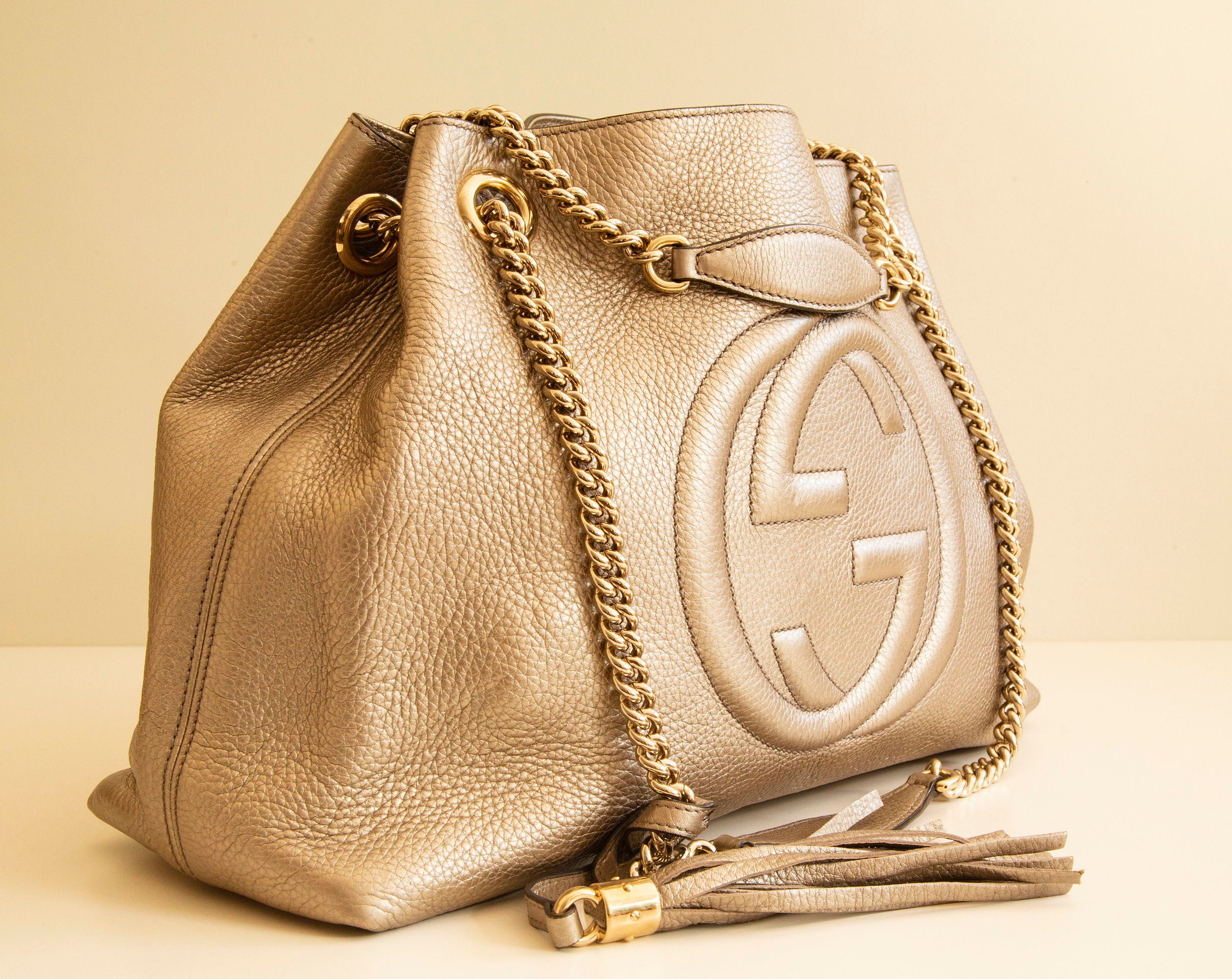 Gucci Soho Tote / Chain Shoulder Bag Metallic Champagne 