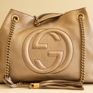 Gucci Soho Tote Chain Shoulder Bag Metallic Champagne Leather