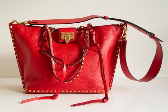 Valentino Rockstud Leather Tote Bag in Red Very Good - Etsy