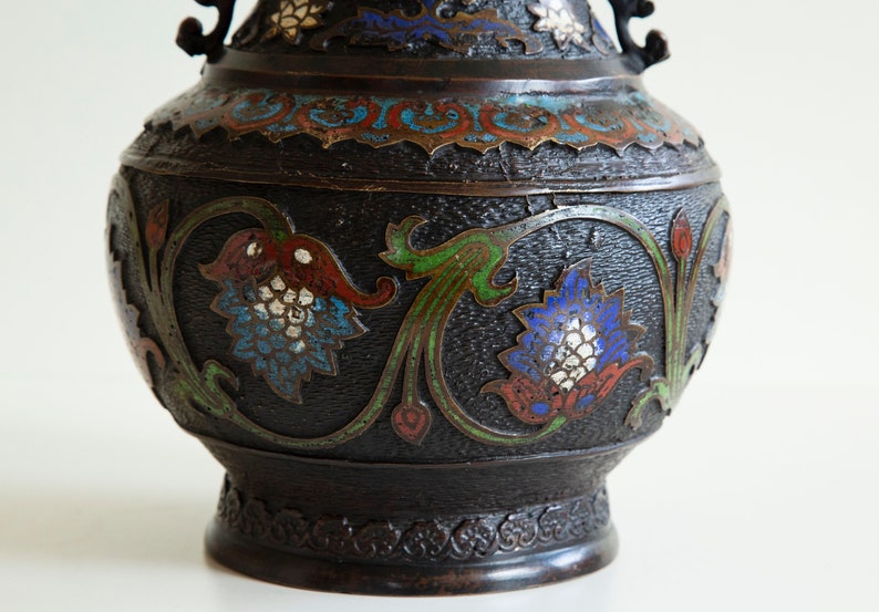 Antique Japanese Champleve Bronze Enamel Cloisonne Vase Urn Etsy