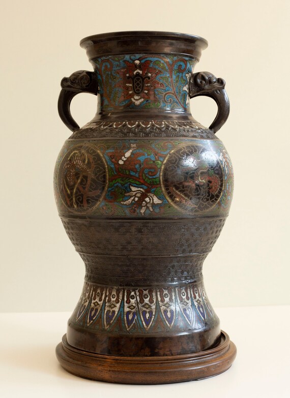 Antique Japanese Champleve Bronze Enamel Cloisonne Vase Urn Etsy