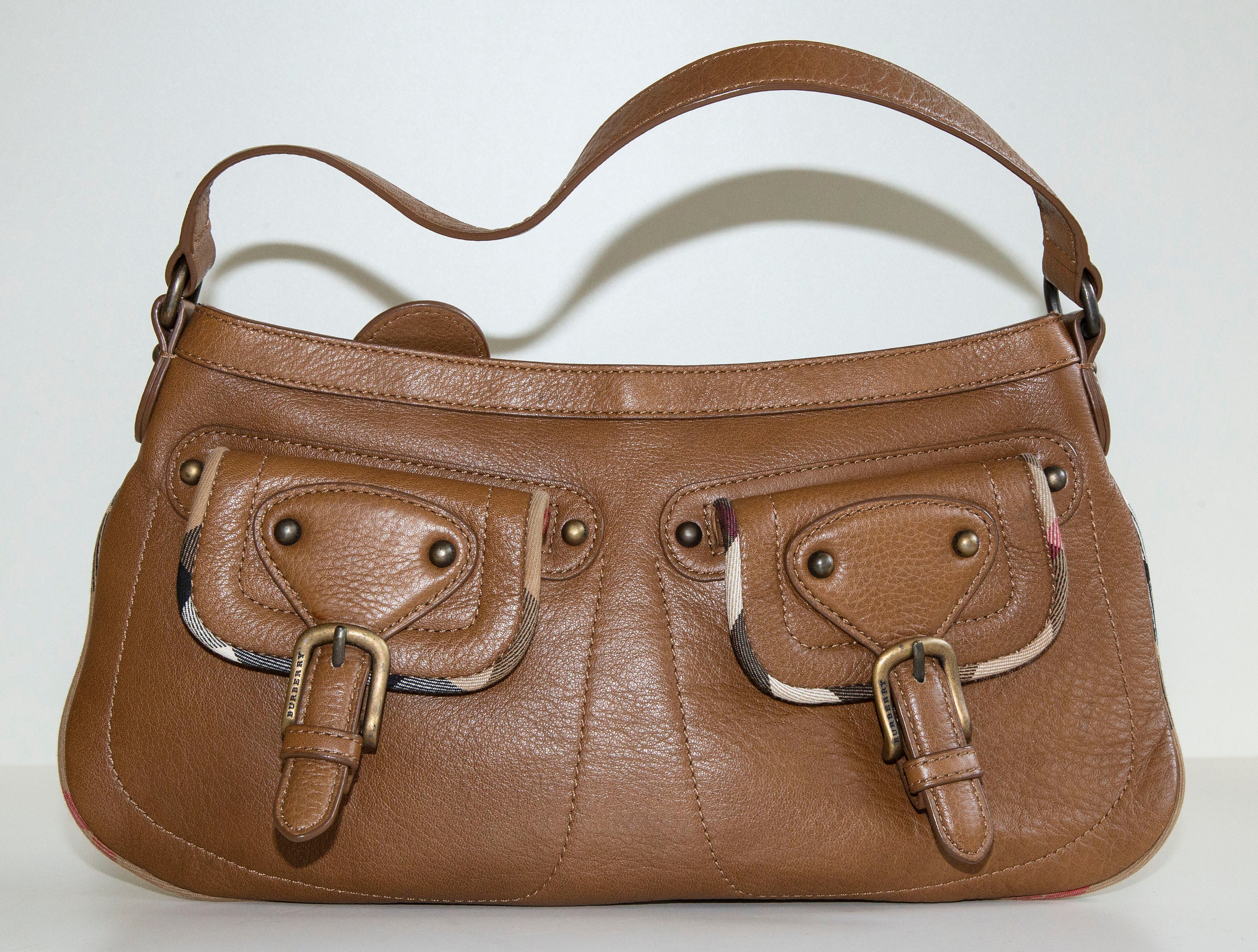 Burberry Brown Leather Shoulder Bag With Nova Check Trim in 